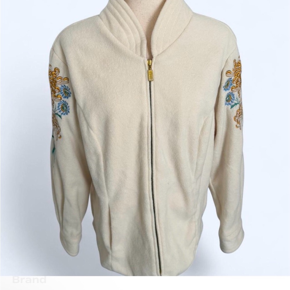 Vintage Bob Mackie Wearable Art Floral Embroidered Zip Fleece Jacket Cream 1X